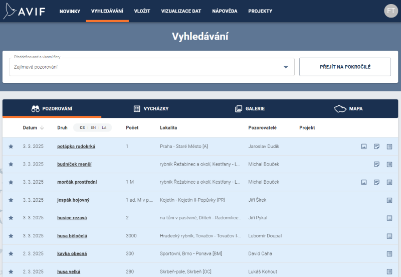 Screenshot Faunistické databáze ČSO avif.birds.cz